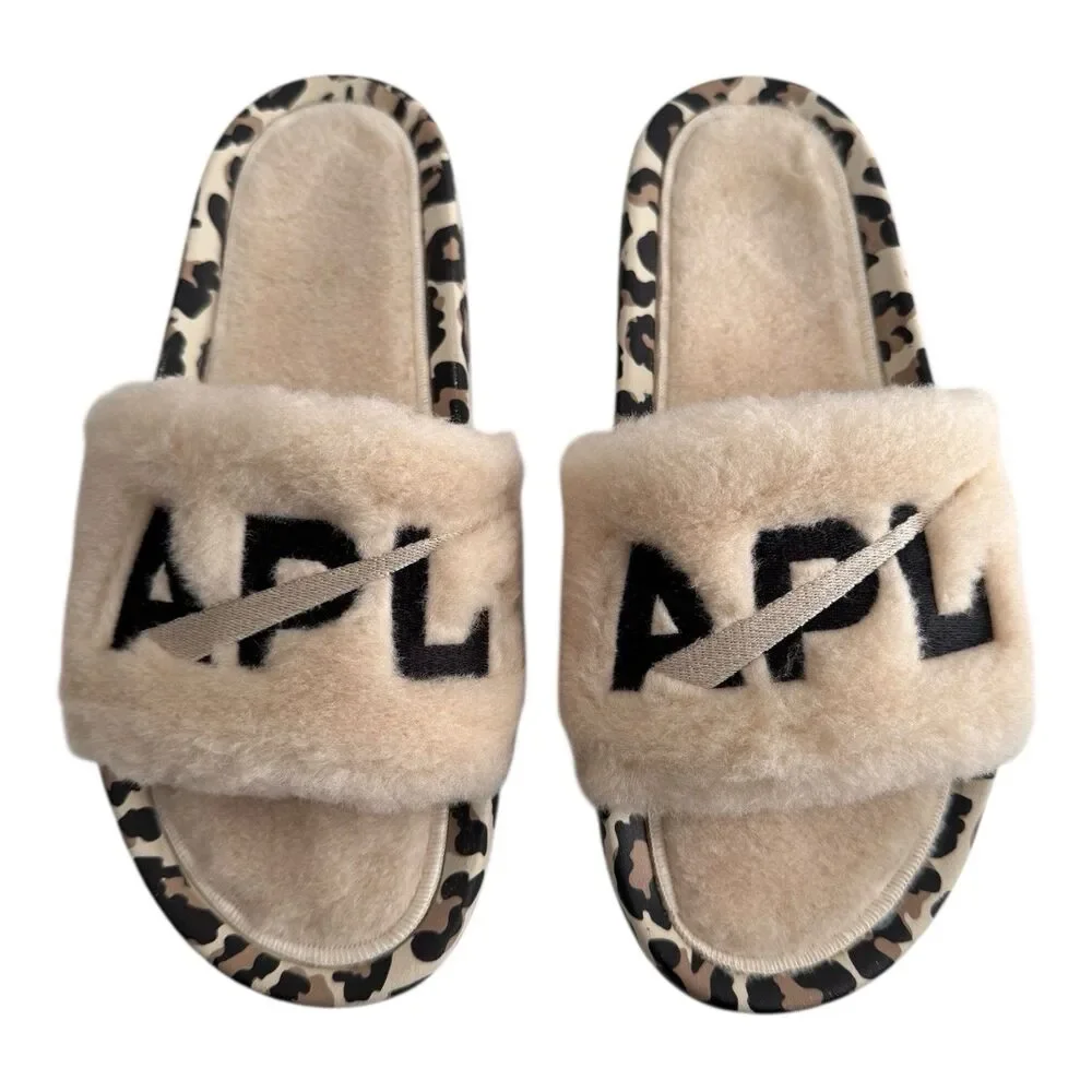 APL‎ Women’s Shearling Furry Slide Sandals in Parchment/Black/Leopard Size 10